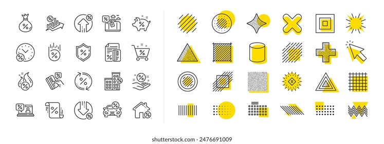 Conjunto de iconos lineales de Inversión, Tasa de interés y Diagrama de porcentaje. Diseñar Elementos de formas. Iconos de línea de préstamo. Arrendamiento de autos, Plan de análisis, porcentaje de tarjeta de crédito y tasa de préstamo. Vector