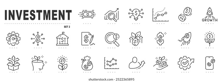 Conjunto de ícones de linha relacionados ao investimento. Finanças, capital, lucro, rendimento, dinheiro etc. Traçado editável. Conjunto 2