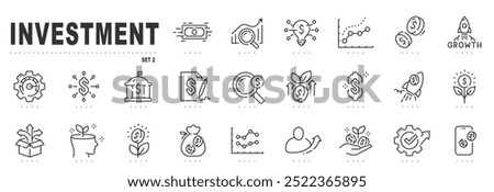 Set of investment related line icons. Finance, capital, profit, income, cash etc. Editable stroke. Set 2