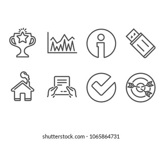 Set of Investment, Usb flash and Verify icons. Receive file, Victory and Targeting signs. Economic statistics, Memory stick, Selected choice. Hold document, Championship prize, Target with arrows