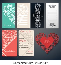 Set of invinanion cards with swirly paper decor on red, green, black and white. Invitation card