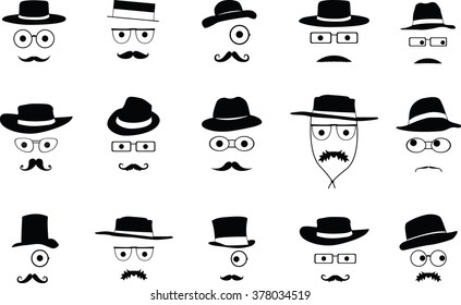 Set of invisible faces with hats illustrated on white