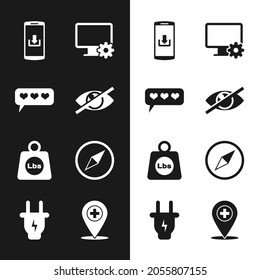 Set Invisible or hide, Like and heart, Smartphone with download, Computer monitor gear, Weight pounds and Wind rose icon. Vector