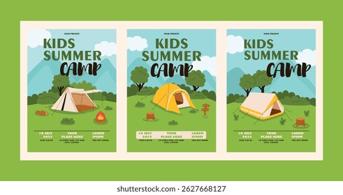 Set of invitation banners for camping, hiking, summer camp. Flat vector illustration.