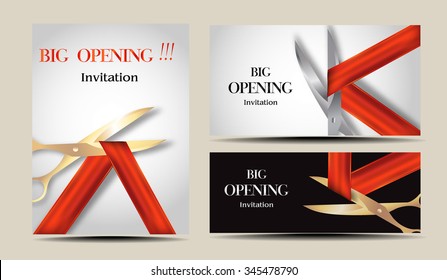 Set of invitation Big opening cards with red ribbons and scissors