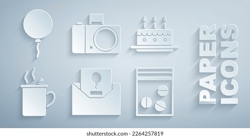 Set Invitation, Cake with burning candles, Mulled wine, Plastic bag of drug, Photo camera and Balloon ribbon icon. Vector