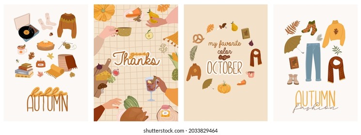 Set Of Invitation Card - Cozy Autumn. Autumn Holiday, Seasonal Food, Decor, Outfit. Cute Illustration  In Hygge Style. Editable Vector Illustration.