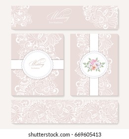 set invitation card with lace decoration for wedding, birthday, Valentine's day and other holidays. Template vector frame. 