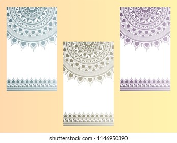 Set of invitation card with mandala design in 3 different colors.