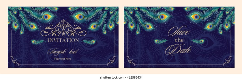 Set invitation card with peacock feather. Vector illustration