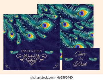 Set Invitation Card With Peacock Feather. Vector Illustration