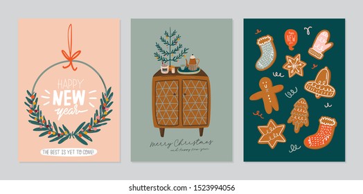 Set of invitation card. Scandinavian interior with home decoration - wreath, gingerbread, tree. Cozy Winter holiday season. Cute illustration and Christmas typography in Hygge style. Vector. Isolated.