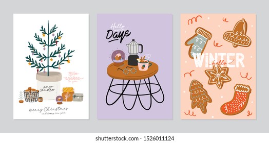 Set of invitation card - scandinavian interior with home decorations. Cozy Winter holiday season. Cute illustration and Christmas typography in Hygge style. Vector. Isolated.