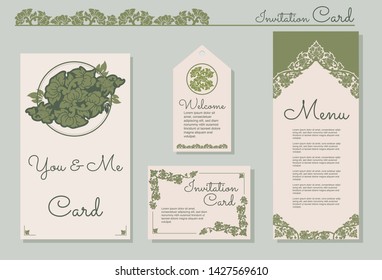 Set of invitation card template, background and frame border Vector. Thai art vintage illustration design