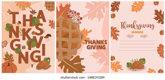 Set of invitation card for Thanksgiving Dinner with autumn leaves, turkey, pumpkin pie. Editable vector illustration.