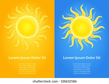 Set of Invitation Card with Yellow Shiny Sun on Blue and Orange Backdrop. Vector