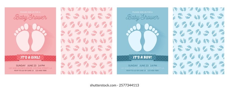 Set of invitation cards for a baby shower, birthday, or gender reveal party. It's a Boy. It's a Girl. Isolated vertical postcard templates with footprints, ribbon and patterns. Vector illustrations.