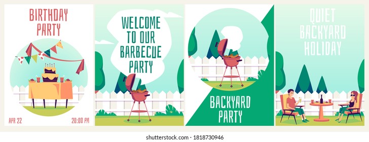 Set Of Invitation Cards For Barbeque Backyard Party, Flat Cartoon Vector Illustration. Posters Collection For Home Celebration Of Family Holidays And Birthdays.