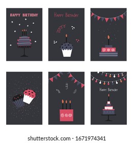 Set of invitation cards to the birthday with cake, cupcake, candles and garlands. Birthday party greeting cards.