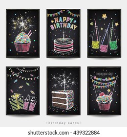 Set of invitation cards to the birthday party with a cake, soda, sparklers and gift. Freehand drawing with imitation of chalk sketch