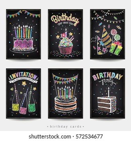 Set of invitation cards to the birthday party with a cake, soda, candles and gift. Freehand drawing with imitation of chalk sketch