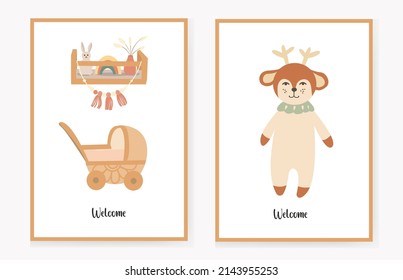 set of invitation cards for children with a cute deer and the interior of the nursery, a stroller and a shelf with toys. Welcome. Vector illustration.