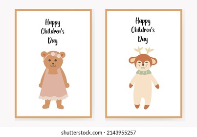 set of invitation cards for children with a cute bear and a deer, happy Children's Day. congratulation. Vector illustration.