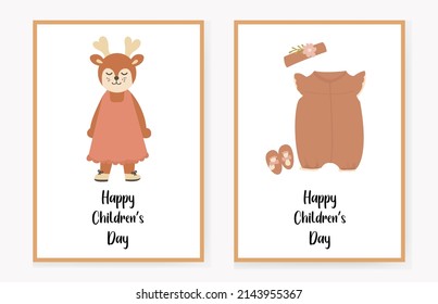 set of invitation cards for children with a cute deer in a dress and children's clothes. congratulation. Vector illustration.