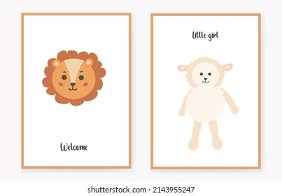 Set Of Invitation Cards For Children With A Lamb And A Cute Lion. Welcome, Little Girl. Vector Illustration