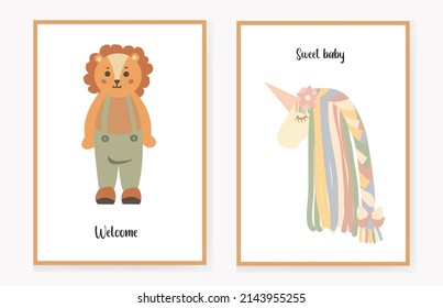 Set Of Invitation Cards For Children With A Lamb And A Cute Lion. Welcome, Little Girl. Vector Illustration