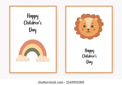 set of invitation cards for children with a rainbow and a lion, happy Children's Day. congratulation. Vector illustration.