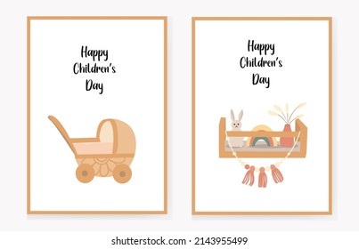 set of invitation cards for children with a shelf with toys and decor and a stroller, happy Children's Day. congratulation. Vector illustration.