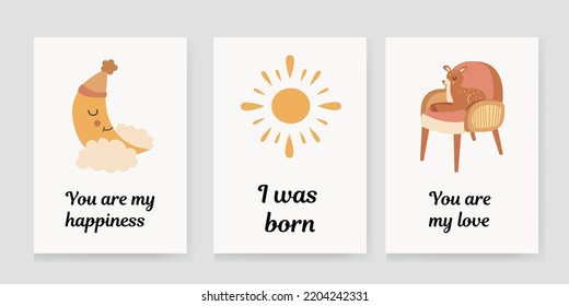 set of invitation cards for children with the sun, moon and a baby chair with a crib. congratulation. Vector illustration.