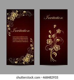 Set of invitation cards design. Gold flowers on dark red background with pattern. Vector illustration.