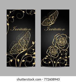 Diseño de un conjunto de tarjetas de invitación. Patrón dorado floral con mariposa sobre fondo oscuro. Ilustración vectorial.