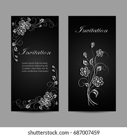Set of invitation cards design. Silver flowers on dark background. Vector illustration.