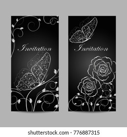 Set of invitation cards design. Silver floral pattern with butterfly on dark background. Vector illustration.