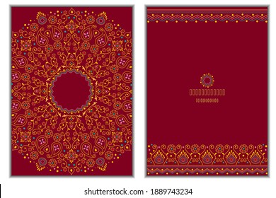 Set of invitation cards with floral mandala background in bright burgundy color. 