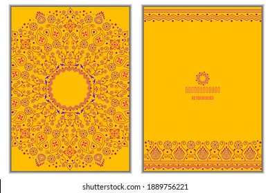 Set of invitation cards with floral mandala background in bright amber color.