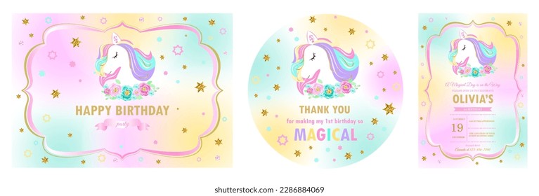 Set of invitation cards for the girl's first birthday party. Unicorn. Template for baby shower invitation. one year	