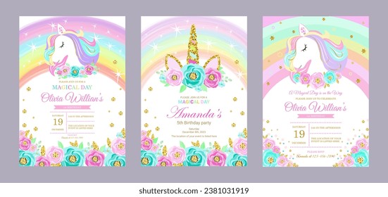 set of invitation cards for the girl's first birthday party with unicorn. Template for baby shower invitation. one year	
