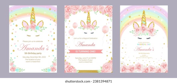 set of invitation cards for the girl's first birthday party with unicorn. Template for baby shower invitation. one year	