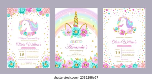 set of invitation cards for the girl's first birthday party with unicorn. Template for baby shower invitation. one year	
