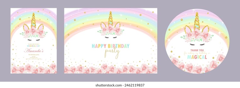 Set of invitation cards for the girl's first birthday party with Unicorn. Template for baby shower invitation. one year. Thank you card