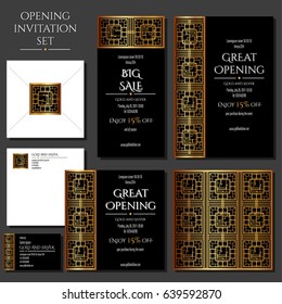 Set of the invitation cards with the gold ornament. Store opening. Collection: cards, envelope, business card.
