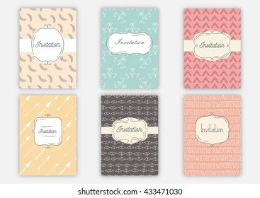 Set of invitation cards with hand drawn patterns. Invite wedding background, flier or poster.