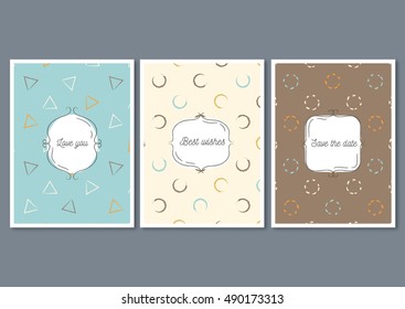Set of invitation cards with hand drawn patterns. Invite wedding templates. Brown, beige and mint colors