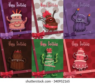 Set of Invitation cards with Happy Birthday Cakes, vector