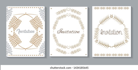 set invitation cards with leafs golden calligraphy
