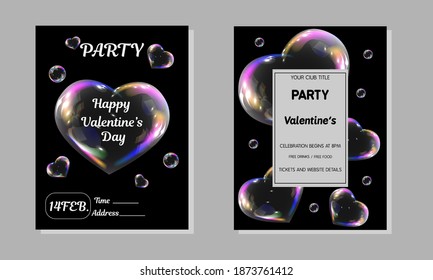 Set of Invitation cards on a black background from bubbles in the shape of a heart and the text to vector graphics for Valentine's Day. Suitable for party invitations, offers, flyers, and social media